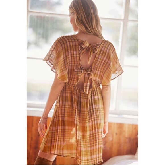NEW Anthropologie Gauzy Plaid Cotton Flutter-Sleeve Babydoll Mini Dress Large - Picture 4 of 8